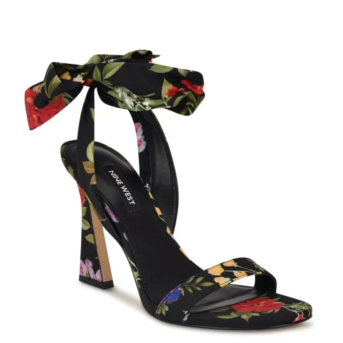 Kelsie Ankle Wrap Heeled Sandals Black Floral Women Nine West Sandals
