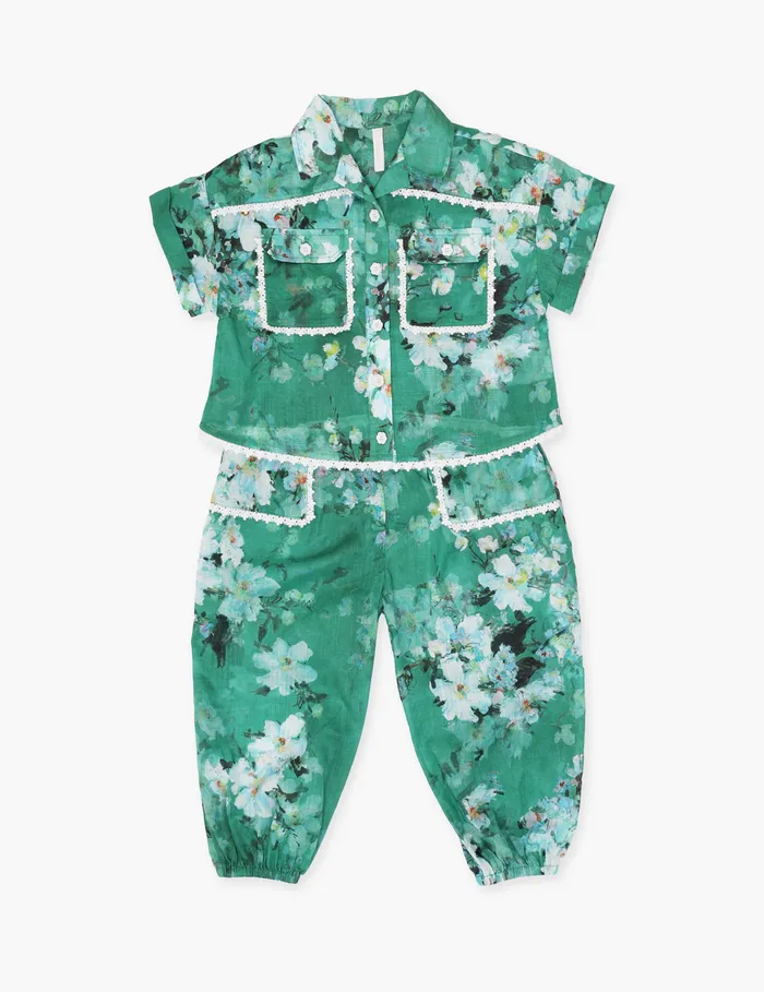 Kids Zimmermann Clothing Everley Pocket Shirt Green Watercolour Floral