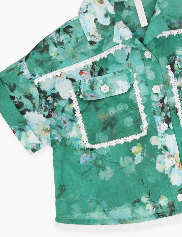 Kids Zimmermann Clothing Everley Pocket Shirt Green Watercolour Floral