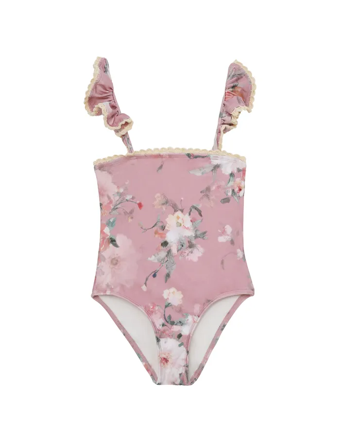 Kids Zimmermann Clothing Everley Trim Frill 1pc Pink Watercolour Floral