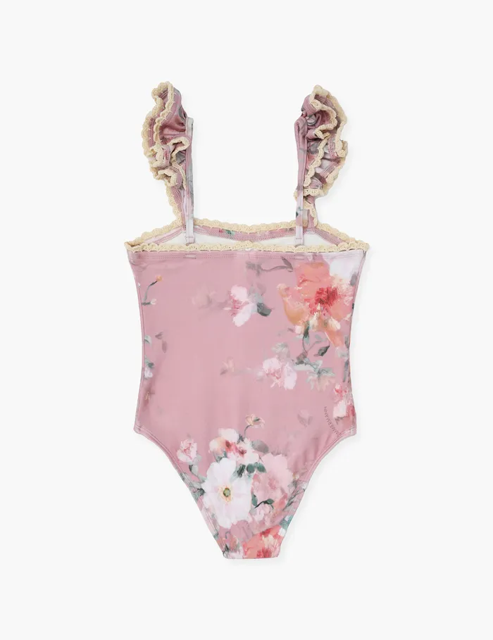 Kids Zimmermann Clothing Everley Trim Frill 1pc Pink Watercolour Floral