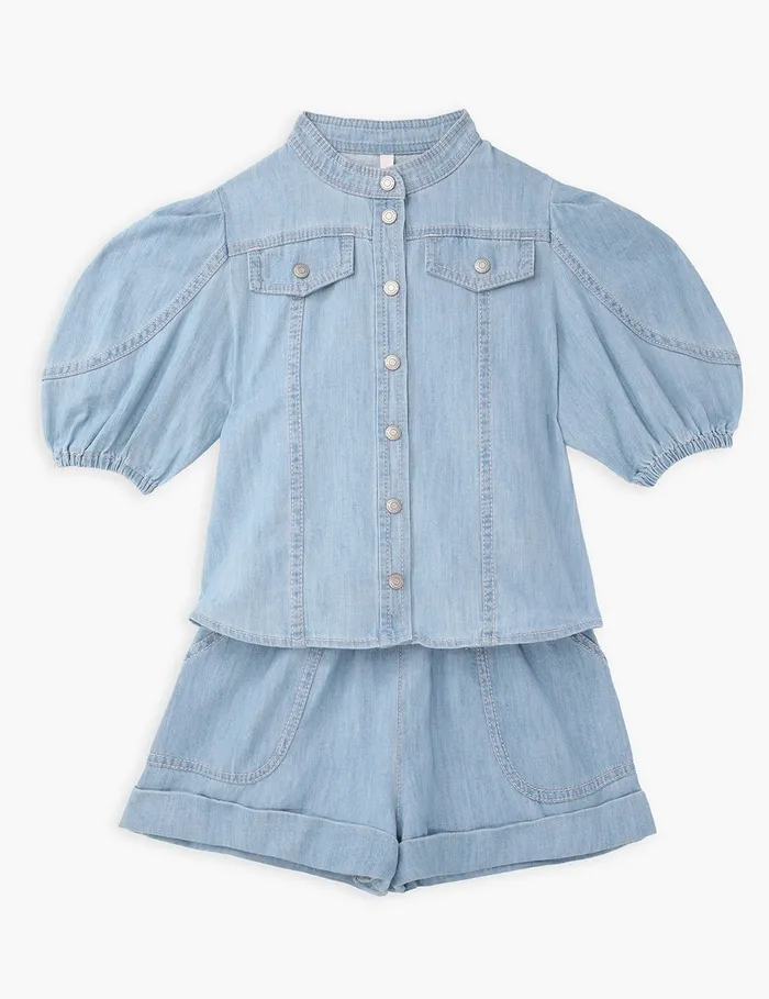 Kids Zimmermann Clothing Waverly Utility Denim Top Blueberry