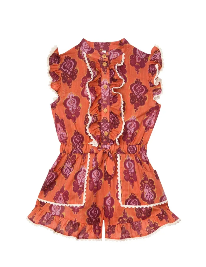 Kids Zimmermann Clothing Wylie Frill Playsuit Sunset Ikat