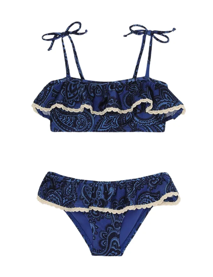 Kids Zimmermann Swimwear Ottie Trim Frill Bikini Blue Paisley
