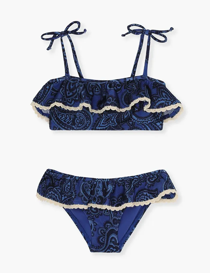 Kids Zimmermann Swimwear Ottie Trim Frill Bikini Blue Paisley