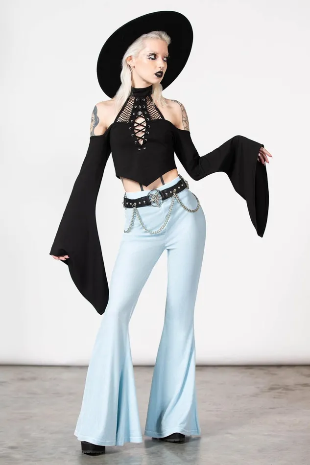 Killstar Velvet Women Moondance Bell Bottoms PASTEL BLUE