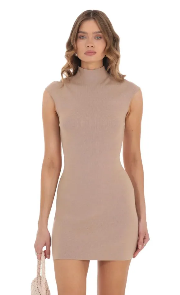 Knit Mock Neck Dress Tan Women LUCY IN THE SKY Mini Dresses
