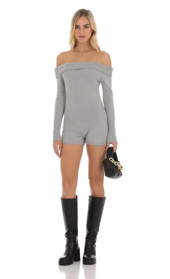 Knit Off Shoulder Romper Grey Women LUCY IN THE SKY Rompers