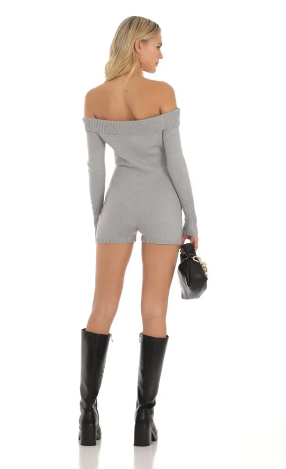 Knit Off Shoulder Romper Grey Women LUCY IN THE SKY Rompers Knit Off Shoulder Romper Grey Women LUCY IN THE SKY Rompers