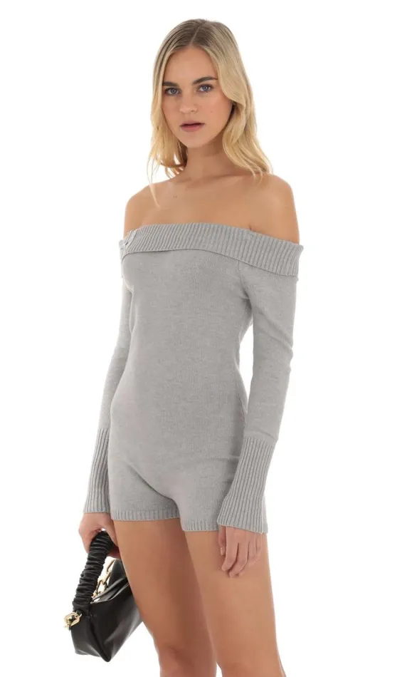Knit Off Shoulder Romper Grey Women LUCY IN THE SKY Rompers Knit Off Shoulder Romper Grey Women LUCY IN THE SKY Rompers