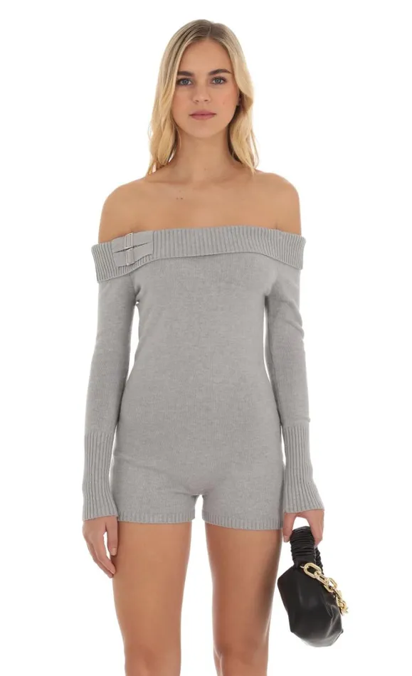 Knit Off Shoulder Romper Grey Women LUCY IN THE SKY Rompers Knit Off Shoulder Romper Grey Women LUCY IN THE SKY Rompers