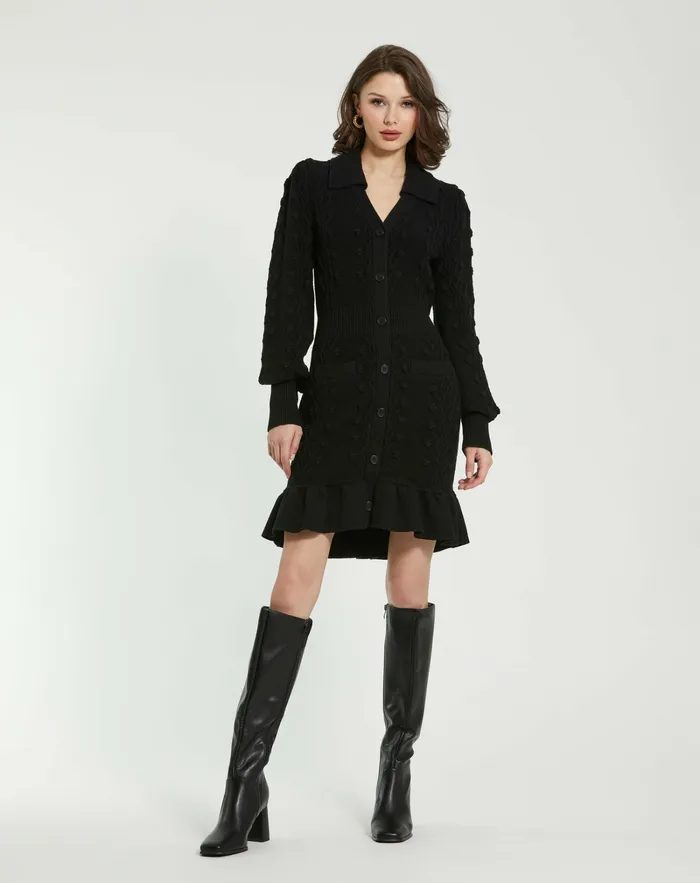 Knitwear Mac Duggal Women Long Sleeve Button Up Collared Bobble Knit Sweater Dress Black Knitwear Mac Duggal Women Long Sleeve Button Up Collared Bobble Knit Sweater Dress Black
