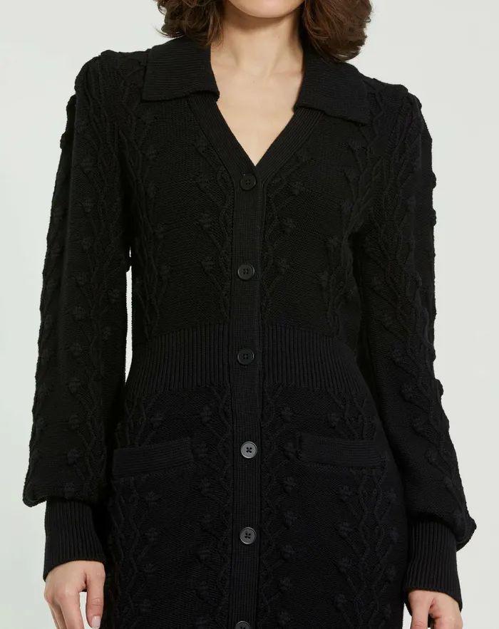 Knitwear Mac Duggal Women Long Sleeve Button Up Collared Bobble Knit Sweater Dress Black