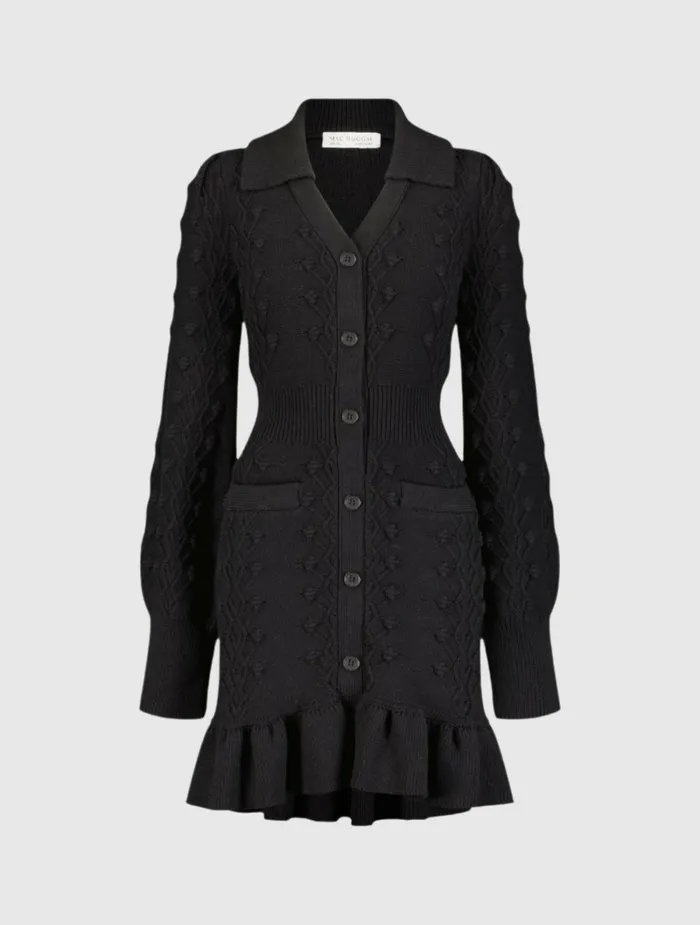 Knitwear Mac Duggal Women Long Sleeve Button Up Collared Bobble Knit Sweater Dress Black
