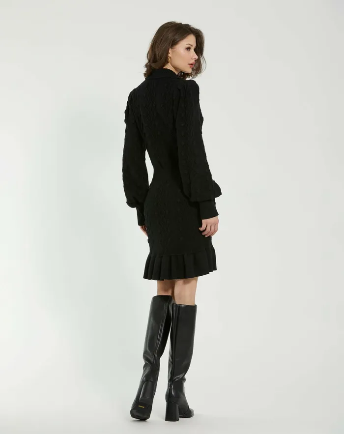 Knitwear Mac Duggal Women Long Sleeve Button Up Collared Bobble Knit Sweater Dress Black