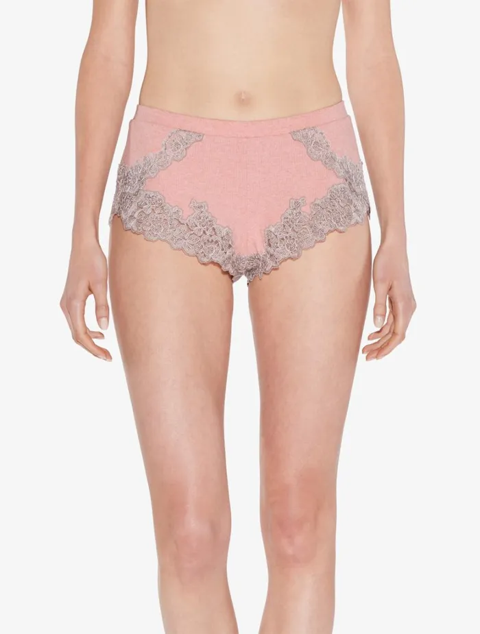 La Perla Cashmere Blend Ribbed Sleep Shorts In Blush Clay With Frastaglio Women Pajamas