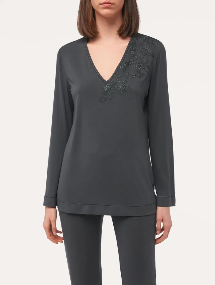 La Perla Longsleeved Top In Charcoal Grey Modal Women Camisoles