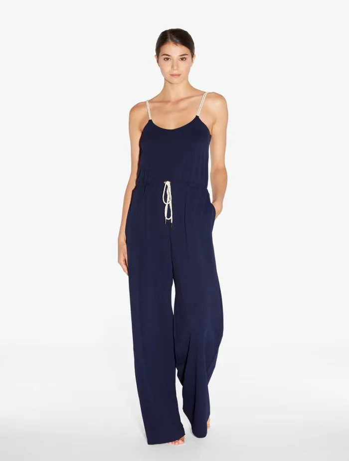 La Perla Monogram Jumpsuit In Navy Women Beach Coverups