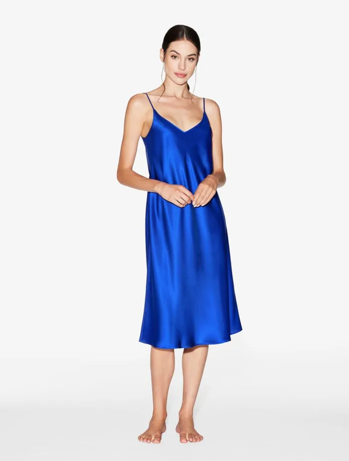 La Perla Silk Midi Nightgown In Electric Blue Women Slips and Dresses