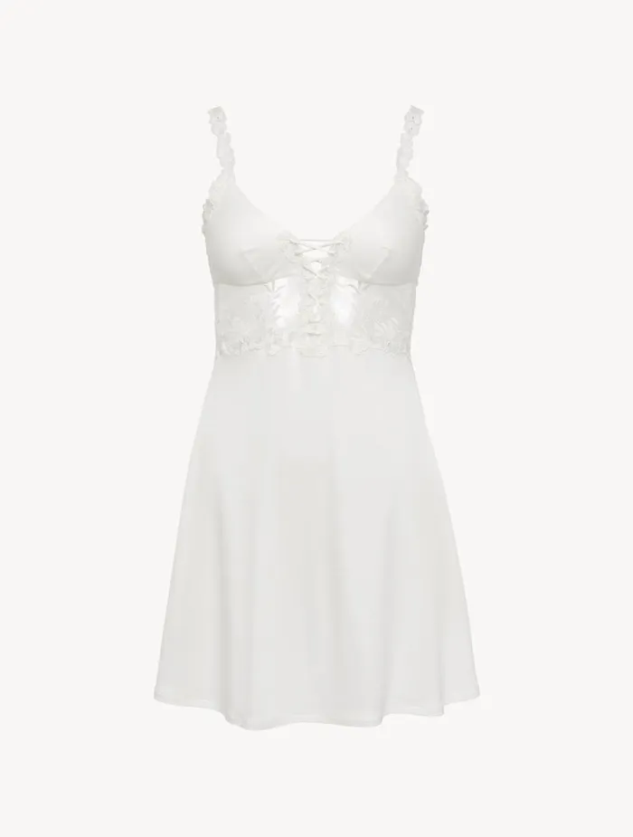 La Perla Slip Dress In Offwhite Modal With Embroidered Tulle Women Slips and Dresses