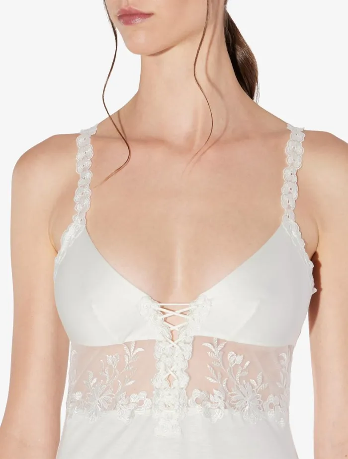 La Perla Slip Dress In Offwhite Modal With Embroidered Tulle Women Slips and Dresses