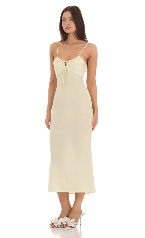 Lace Trim Front Tie Midi Dress Yellow Women LUCY IN THE SKY Midi Dresses