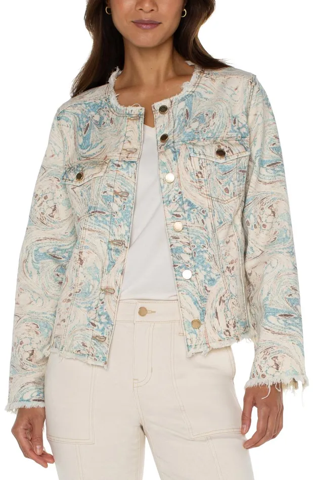 Liverpool Los Angeles Jackets PRINTED CROPPED ECO JACKET WITH FRAY HEM Ocean Blue Ecru Marble 8211 Womens