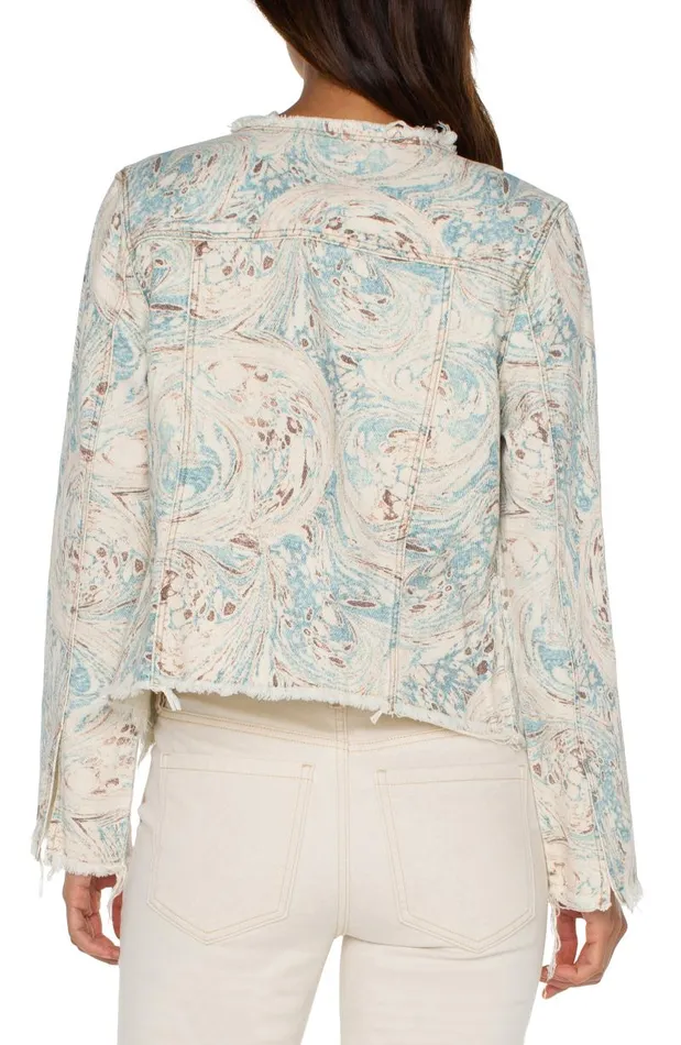 Liverpool Los Angeles Jackets PRINTED CROPPED ECO JACKET WITH FRAY HEM Ocean Blue Ecru Marble 8211 Womens