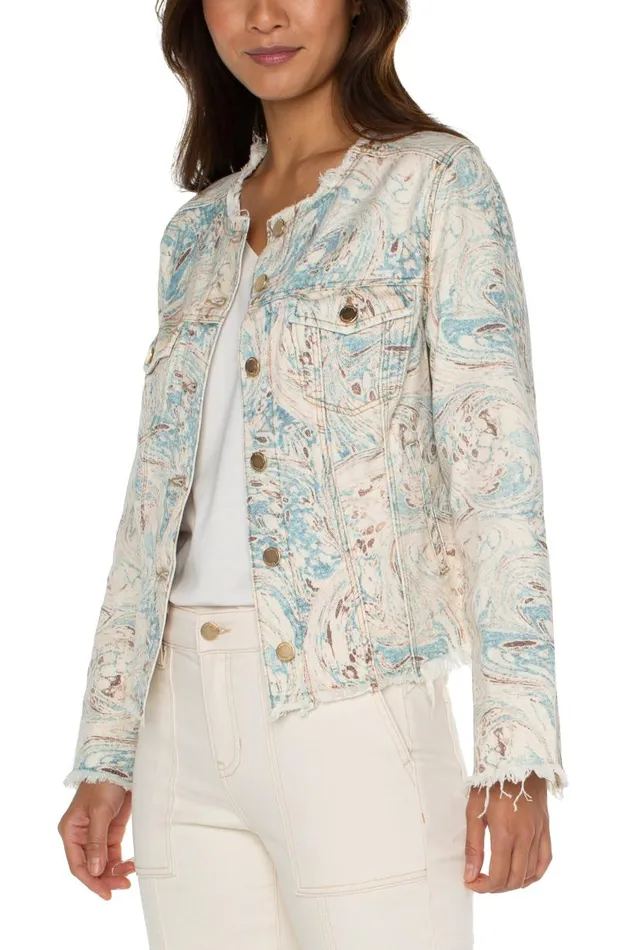 Liverpool Los Angeles Jackets PRINTED CROPPED ECO JACKET WITH FRAY HEM Ocean Blue Ecru Marble 8211 Womens