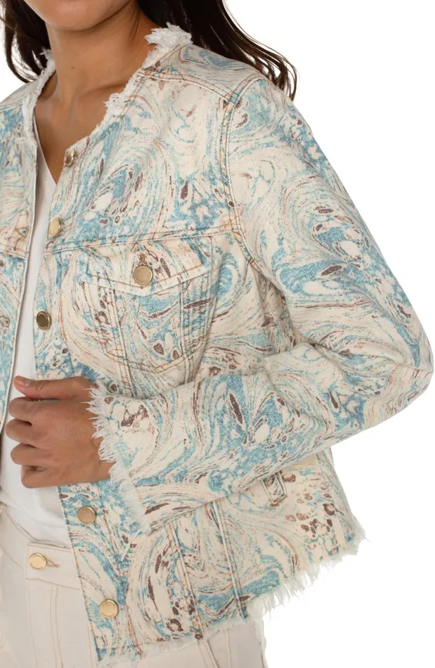 Liverpool Los Angeles Jackets PRINTED CROPPED ECO JACKET WITH FRAY HEM Ocean Blue Ecru Marble 8211 Womens