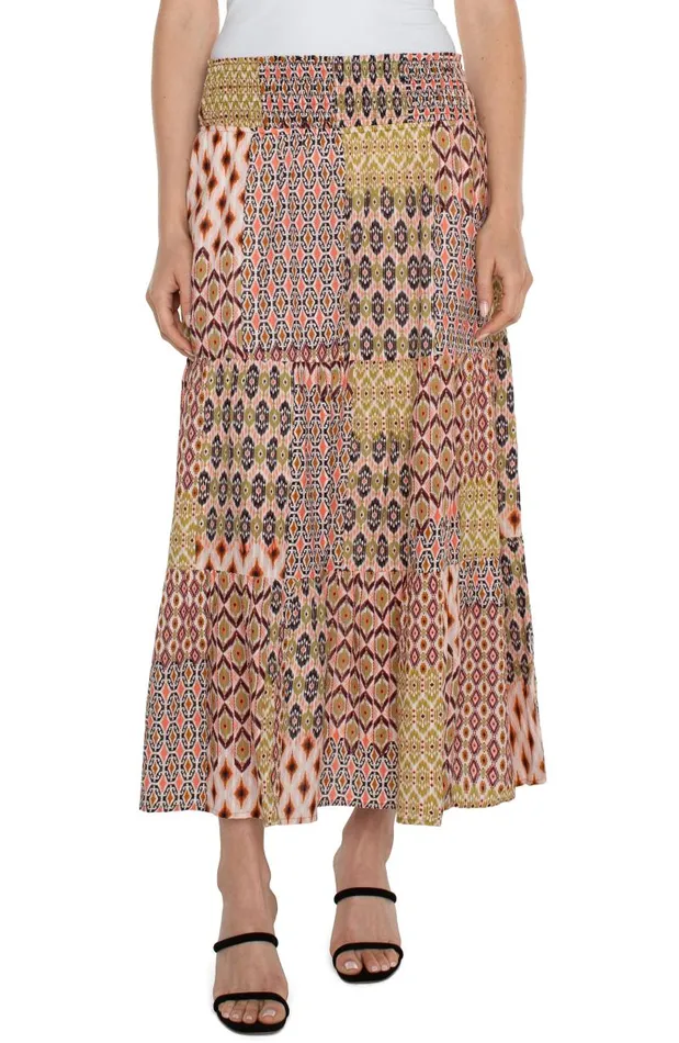 Liverpool Los Angeles Skirts WOVEN MAXI SKIRT WITH SMOCKED WAISTBAND Geo Patchwork 8211 Womens