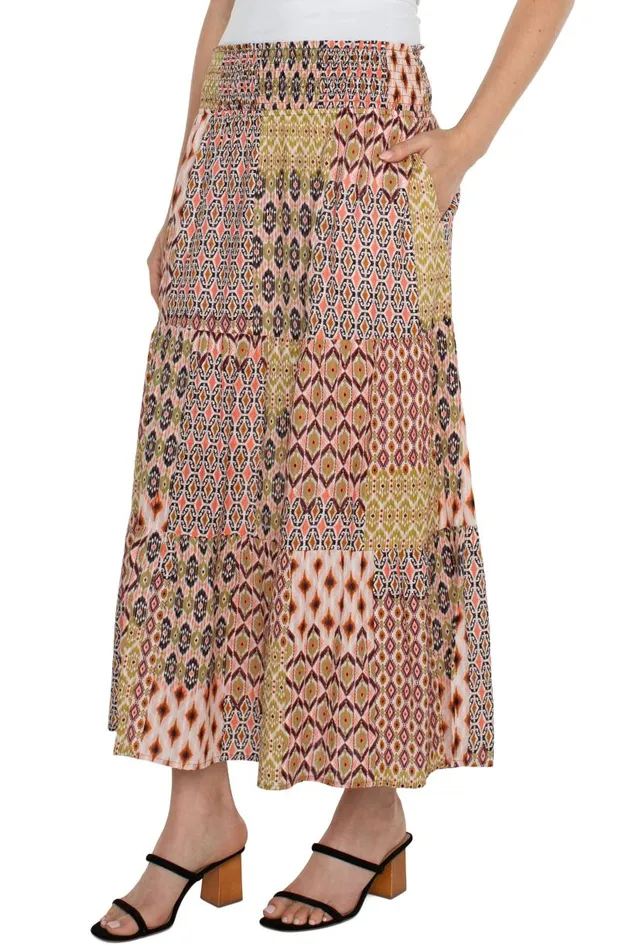 Liverpool Los Angeles Skirts WOVEN MAXI SKIRT WITH SMOCKED WAISTBAND Geo Patchwork 8211 Womens
