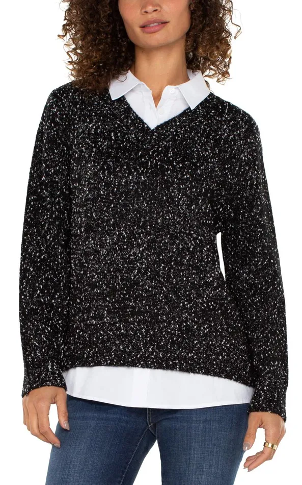 Liverpool Los Angeles Sweaters LONG SLEEVE TWOFER COLLARED SWEATER Black With White Flecks 8211 Womens