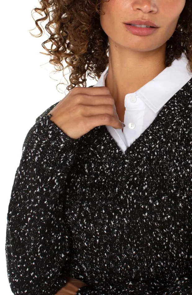 Liverpool Los Angeles Sweaters LONG SLEEVE TWOFER COLLARED SWEATER Black With White Flecks 8211 Womens