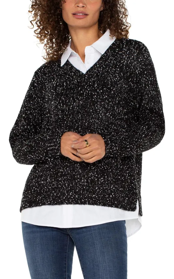 Liverpool Los Angeles Sweaters LONG SLEEVE TWOFER COLLARED SWEATER Black With White Flecks 8211 Womens