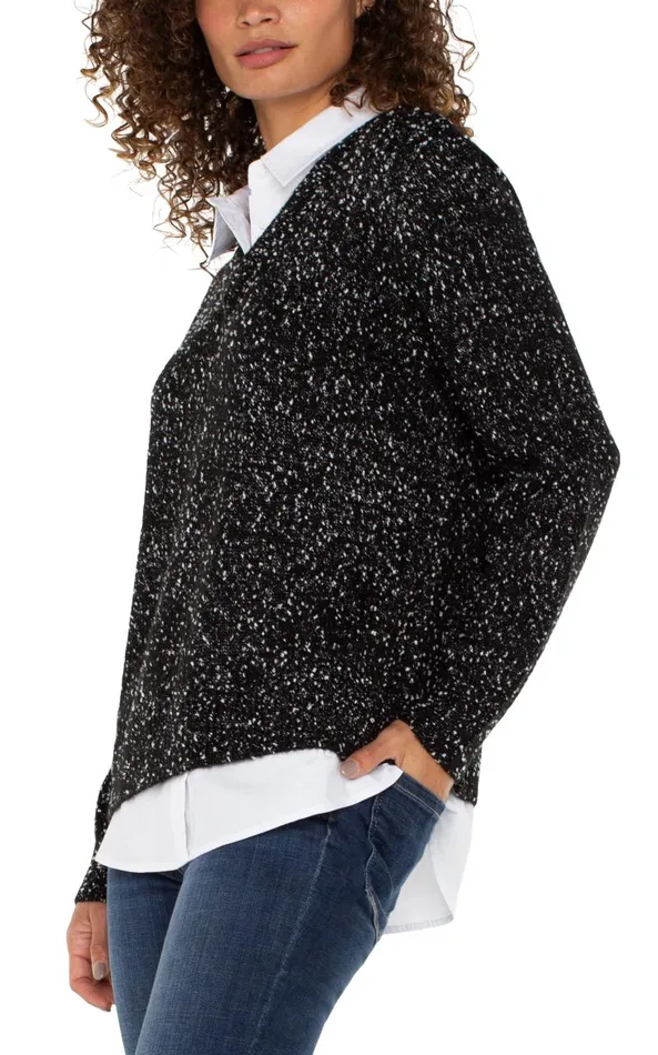 Liverpool Los Angeles Sweaters LONG SLEEVE TWOFER COLLARED SWEATER Black With White Flecks 8211 Womens