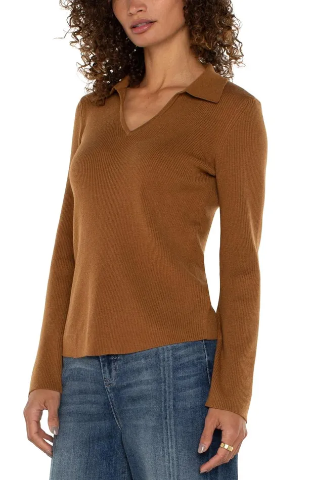 Liverpool Los Angeles Sweaters LONG SLEEVE VNECK COLLARED SWEATER Turmeric 8211 Womens