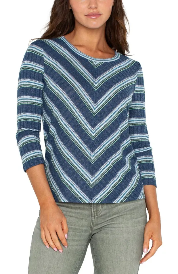 Liverpool Los Angeles Tees 34 SLEEVE SCOOP NECK KNIT TOP Blue Teal Multistripe 8211 Womens