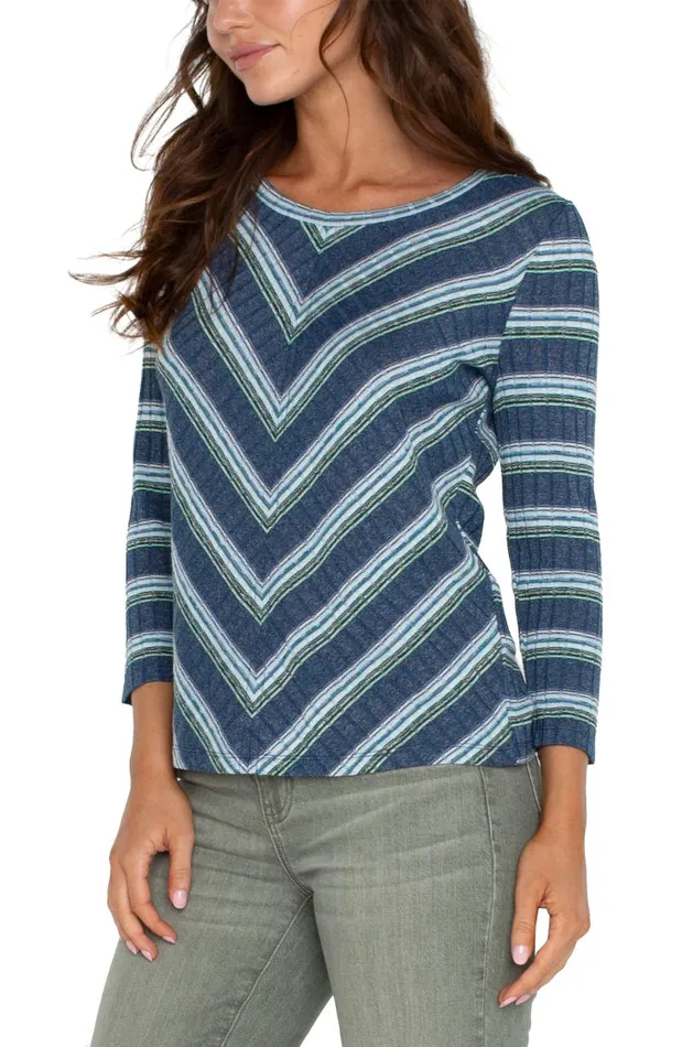 Liverpool Los Angeles Tees 34 SLEEVE SCOOP NECK KNIT TOP Blue Teal Multistripe 8211 Womens