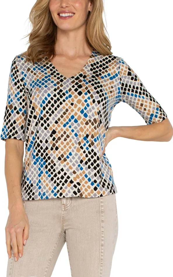Liverpool Los Angeles Tees DOUBLE LAYER VNECK RIB KNIT TOP Lapis Snake Multi 8211 Womens