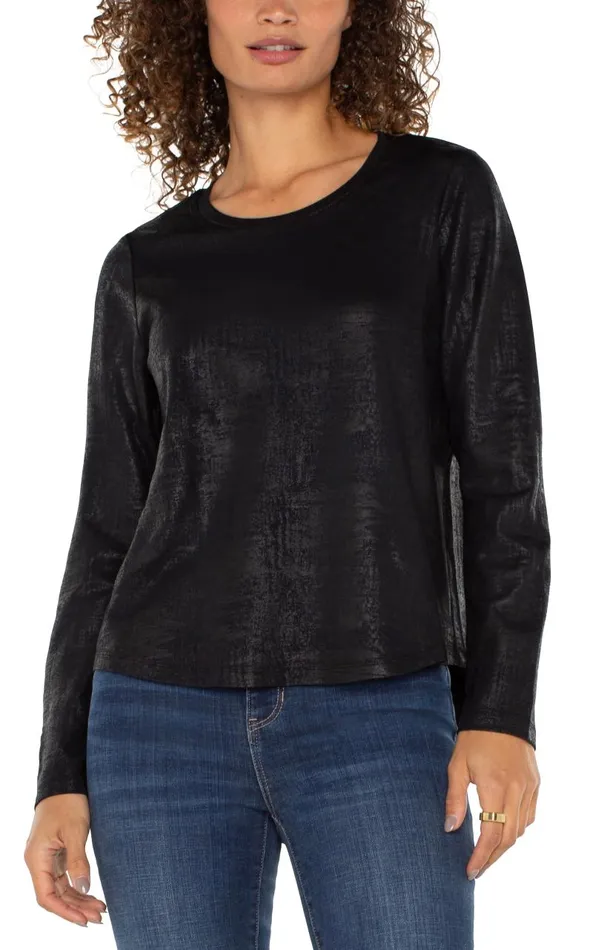 Liverpool Los Angeles Tees LONG SLEEVE SCOOP NECK KNIT TOP Distressed Black 8211 Womens