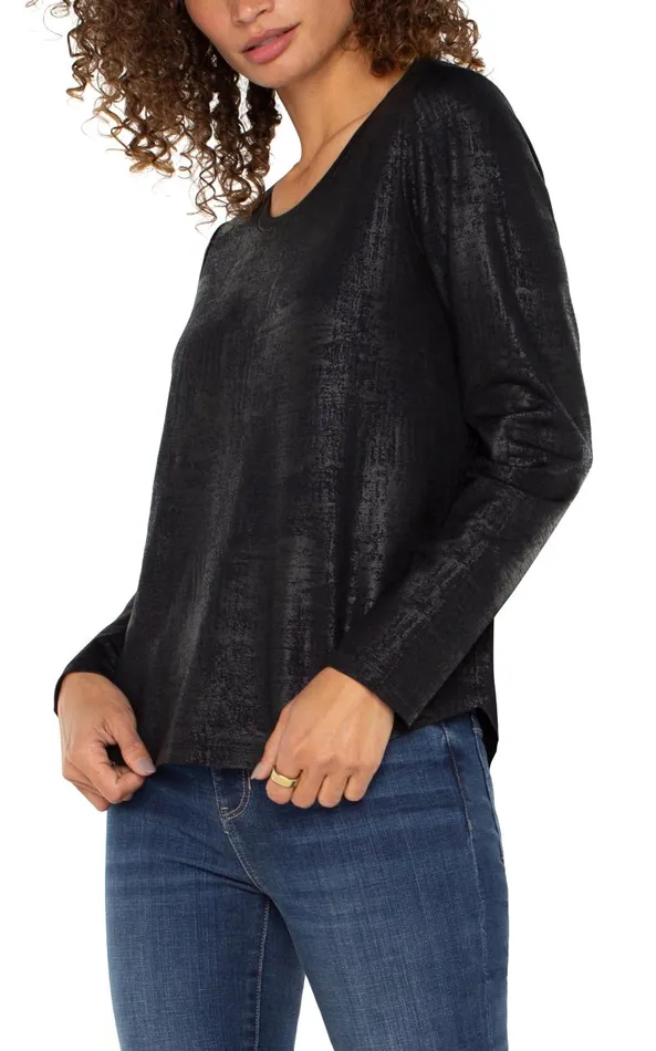 Liverpool Los Angeles Tees LONG SLEEVE SCOOP NECK KNIT TOP Distressed Black 8211 Womens