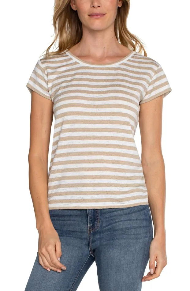 Liverpool Los Angeles Tees SHORT SLEEVES CREW NECK WITH DROP SHOULDER Cream With Tan Stripes 8211 Womens