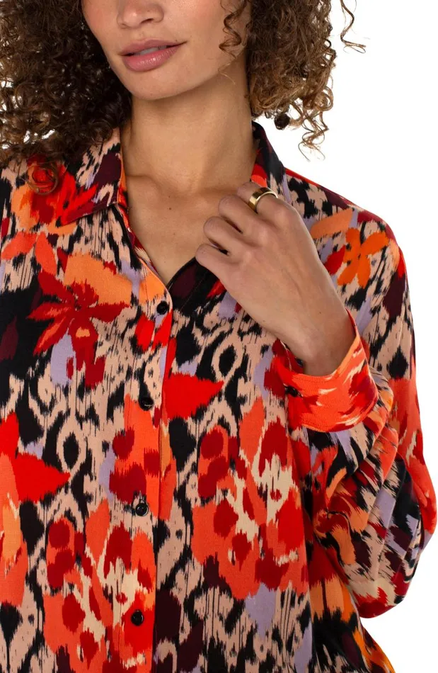 Liverpool Los Angeles Tops LONG SLEEVE BUTTON UP WOVEN BLOUSE Burnt Orange Floral 8211 Womens