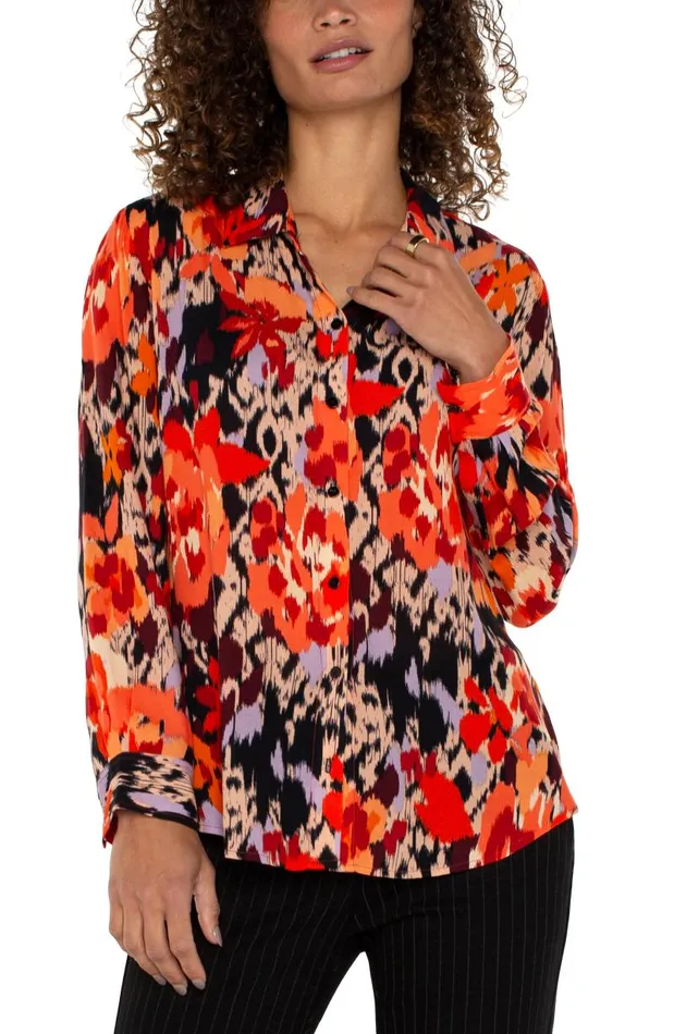 Liverpool Los Angeles Tops LONG SLEEVE BUTTON UP WOVEN BLOUSE Burnt Orange Floral 8211 Womens
