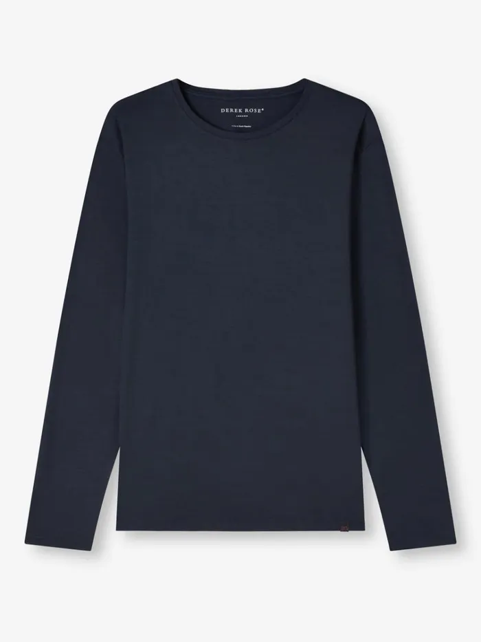 Long Sleeve TShirts Men Derek Rose Long Sleeve TShirt Basel Micro Modal Stretch Navy