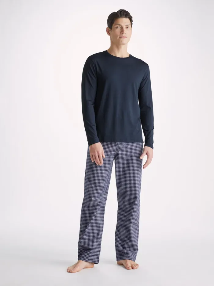 Long Sleeve TShirts Men Derek Rose Long Sleeve TShirt Basel Micro Modal Stretch Navy