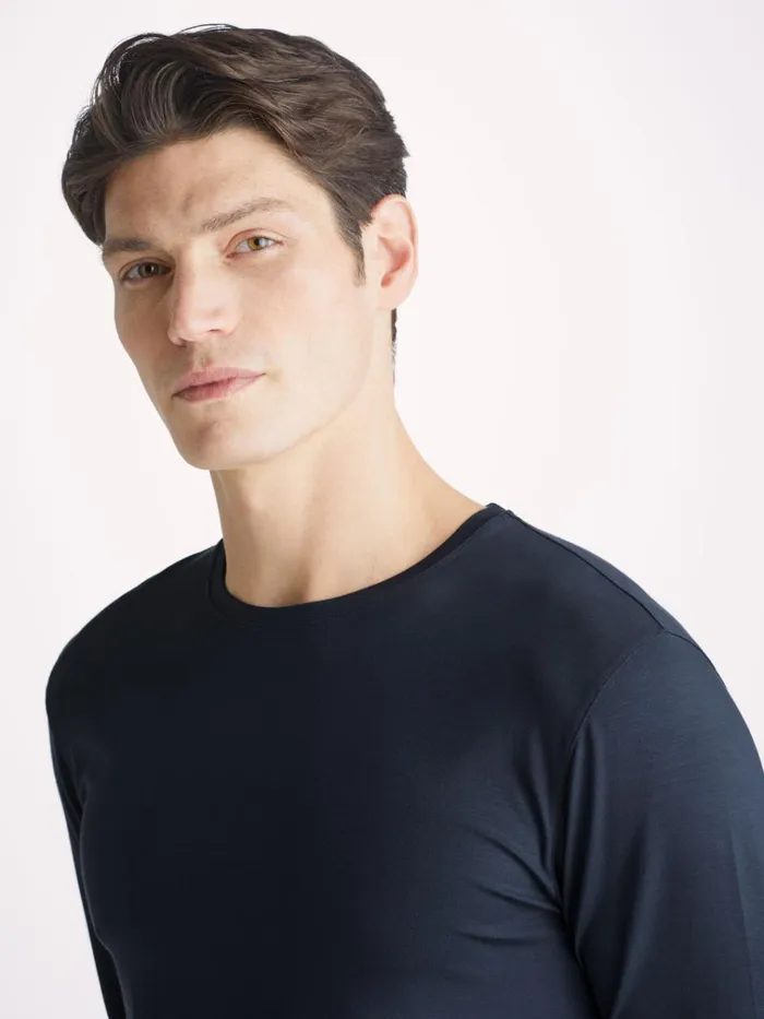 Long Sleeve TShirts Men Derek Rose Long Sleeve TShirt Basel Micro Modal Stretch Navy