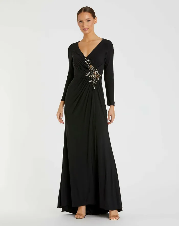 Mac Duggal Best Sellers Women Faux Wrap Long Sleeve Gown w Appliqu Detail Black