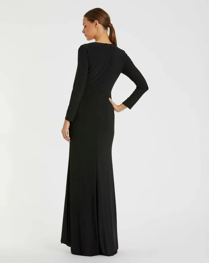 Mac Duggal Best Sellers Women Faux Wrap Long Sleeve Gown w Appliqu Detail Black Mac Duggal Best Sellers Women Faux Wrap Long Sleeve Gown w Appliqu Detail Black